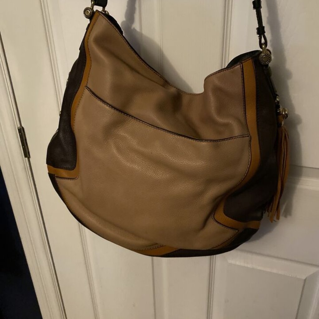 Oryany ‘Hoto' Leather Satchel/Shoulder Bag "Tiny Little Houses" Brown Colorblock